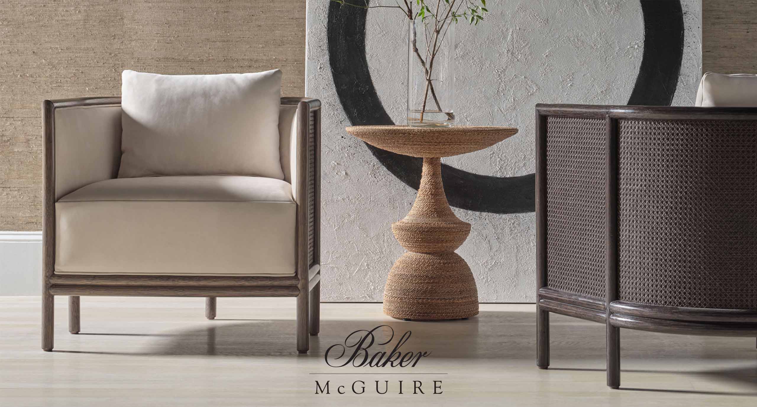 07-2026-McGuire-Sale Exclusive McGuire Sale July 13-31, 2026. Background image of two McGuire chairs, cocktail table, and minimalist decor in taupes and brown.