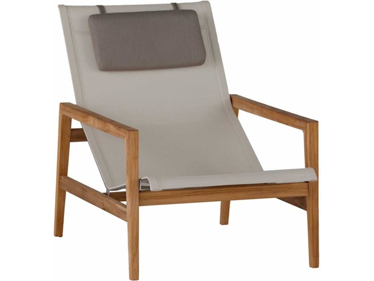 SummerClassics 27324-1_1_1 Summer Classics outdoor lounge chair with a teak frame, light gray sling seat and matching headrest.